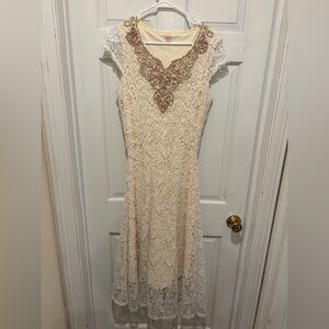 Reba Cream Lace Dress with Brown Detailing